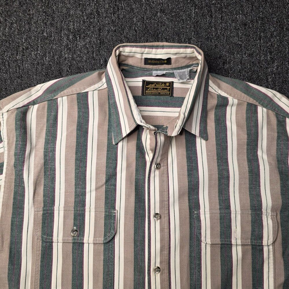 Vintage Eddie Bauer Flannel Shirt Mens Large McKinley Cloth LS Green Tan Stripe